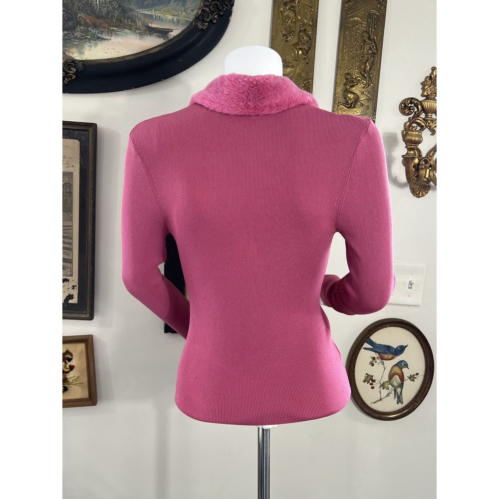 Staud Pink Ribbed Knit Cardigan Sweater with Matching Faux-Fur Collar Size M - Picture 2 of 8